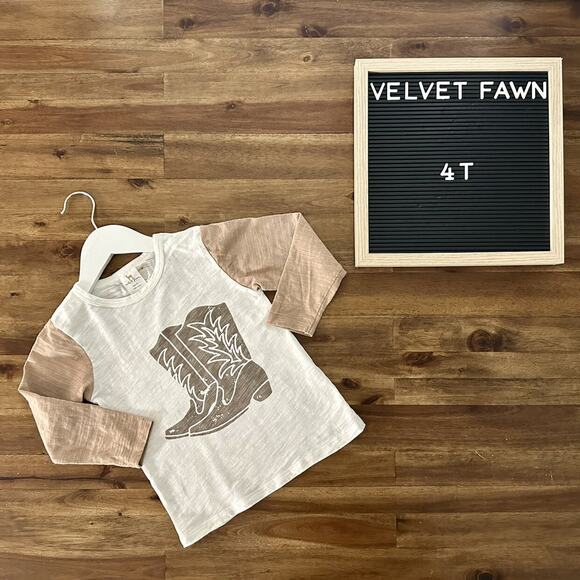 NEW Velvet Fawn Cowboy Boots Graphic Long Sleeve Cotton Tee Top White Tan 4T - Picture 1 of 8